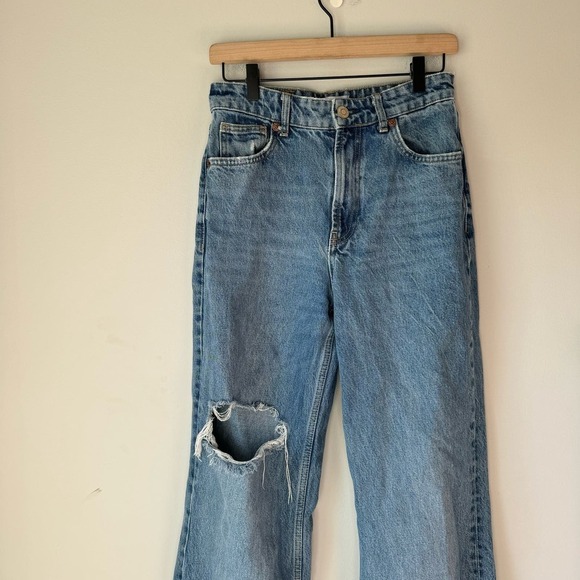 Zara Dark Wash Distressed 100% Cotton Rigid Denim Straight Raw Hem Size 4 - Picture 2 of 3